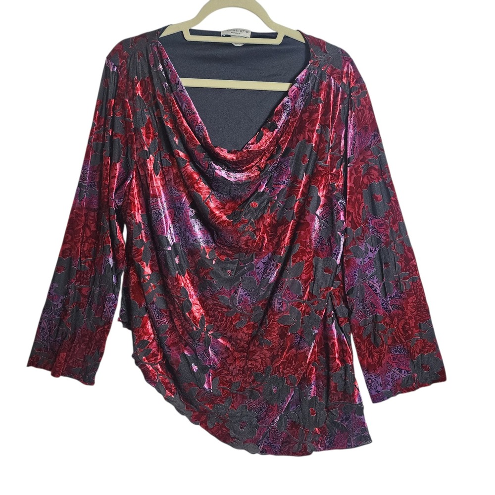 Notations Woman Velvet Burnout Floral‎ Cowl Neck Blouse Red Purple 1X